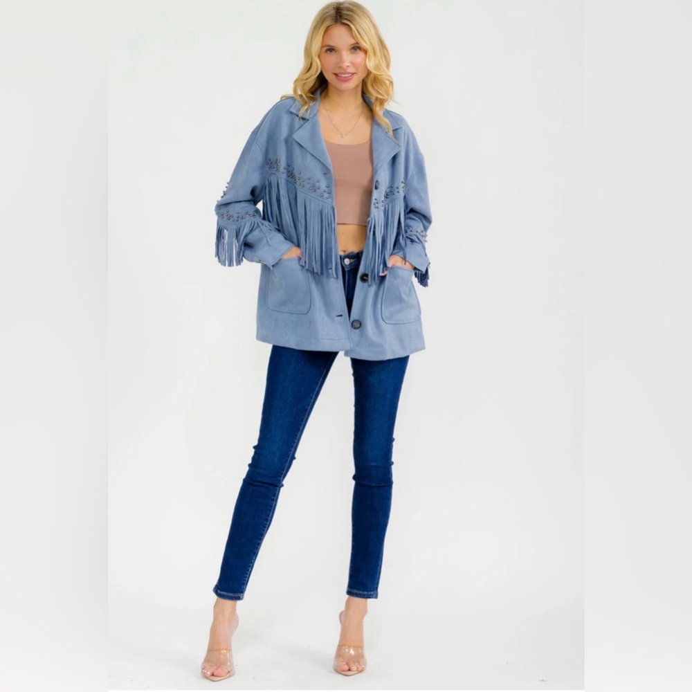 Fringed Studded Suede Jacket - Light Blue - Picture 2 of 4